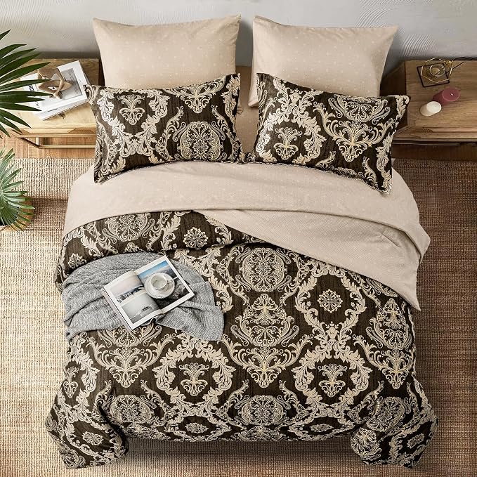 WONGS BEDDING 7 Pieces Comforter Set King Size,Damask Texture Design Bed in a Bag Bedding Sets,Brown Soft Lightweight Microfiber Bedding Set for All Season