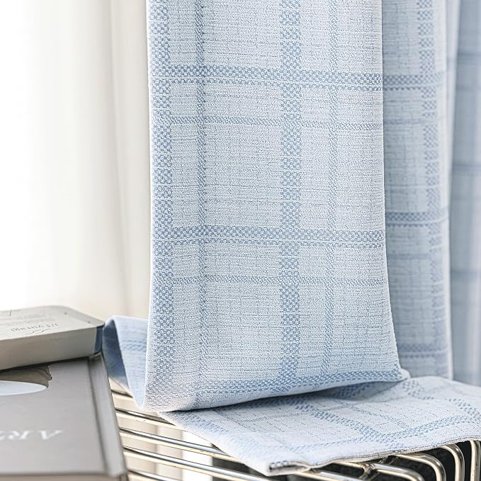Beauoop Blue Plaid Jacquard Blackout Curtains for Bedroom 52x63 2 Panels | Gingham Checkered Room Darkening Drapes for Living Room 63 Inch Long Thermal Insulated Soundproof Window treatment Grommet