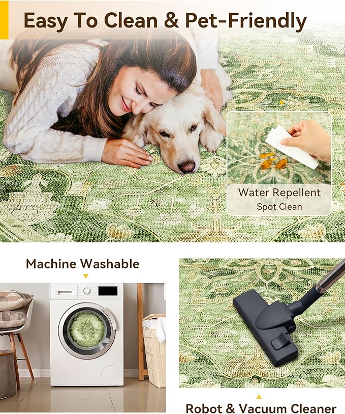 RELEANY Washable Area Rug, Round 10ft, Green/Yellow | Non-Slip, Water Repellent, Pet Friendly, Easy to Clean, Vintage Floral Boho Decor for Living Room Bedroom Dining Room