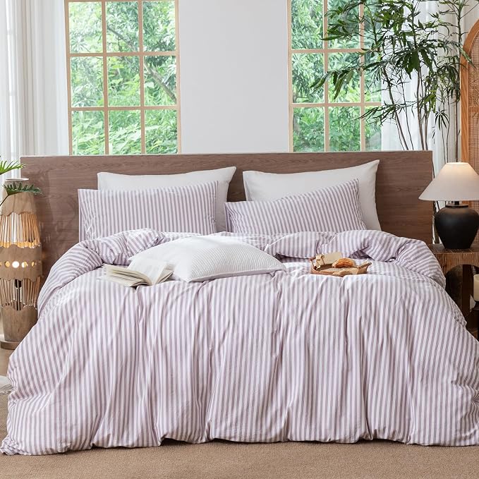 MooMee Striped Duvet Cover Set 100% Washed Cotton Linen Like Queen | Relaxed Linen-like Texture. Soft, Breathable & Long-lasting Comfort. Lightweight. Hidden Zipper with 8 Interior Corner Ties