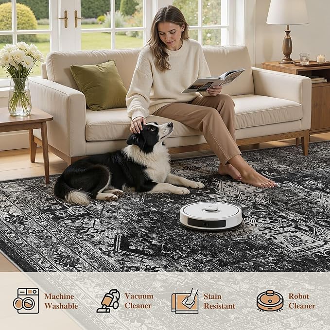UERMEI 9x12 Area Rug Living Room Rugs - Washable Vintage Soft Large Rug Indoor Floor No Slip Rug Carpet for Bedroom Farmhouse Under Dining Table Home Office Decor - Black