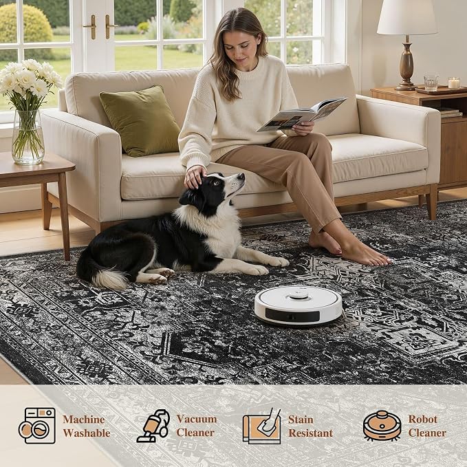 UERMEI 10x12 Area Rug Living Room Rugs - Washable Vintage Soft Large Rug Indoor Floor No Slip Rug Carpet for Bedroom Farmhouse Under Dining Table Home Office Decor - Black