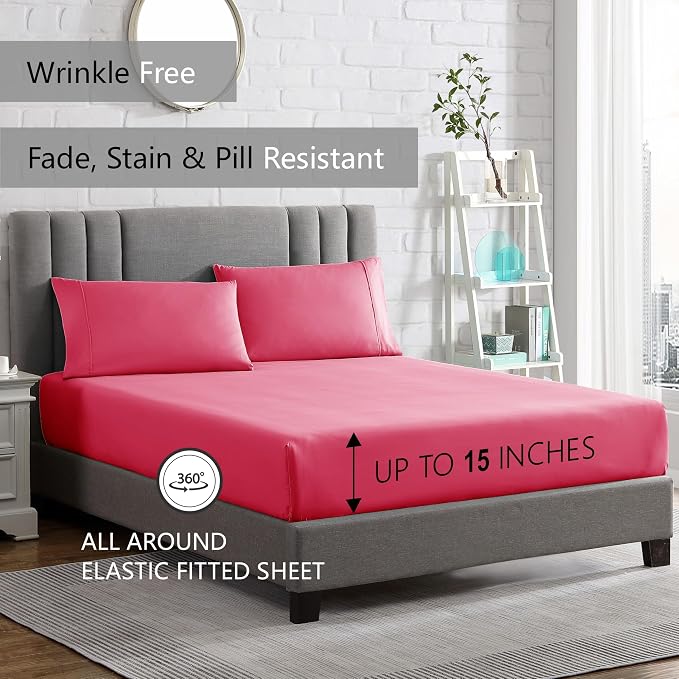American Home Collection Twin XL Sheet Set - Ultra-Soft Microfiber 15-Inch Deep Pocket - College Dorm Bed Sheets, Wrinkle Free (Pink)
