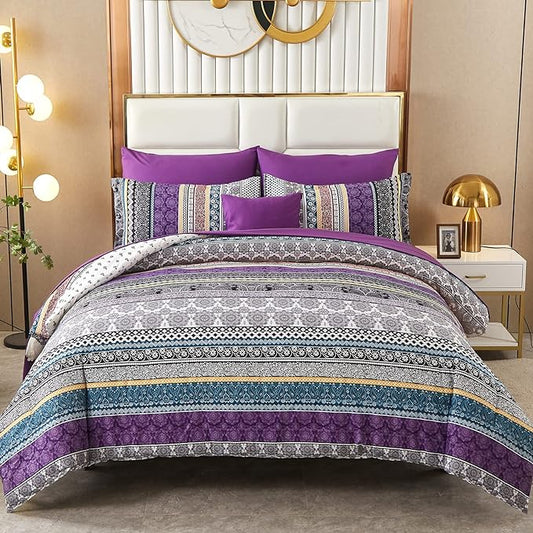 Cottolester Boho Comforter Set Full Size 8 Piece Bed in a Bag Bohemian Striped Bedding Quilt Set Purple Paisley Floral Comforter and Sheet Set,Soft Microfiber Complete Bedding Sets for All Season
