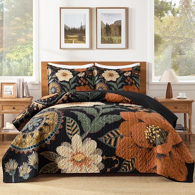 Quilt Queen Size, Black Floral Boho Summer Bedspread 3 Pieces | Brown Flower Botanical Summer Bedspreads with 2 Shams, Reversible Polyester Coverlet Set for All Seasons, 96"x90"