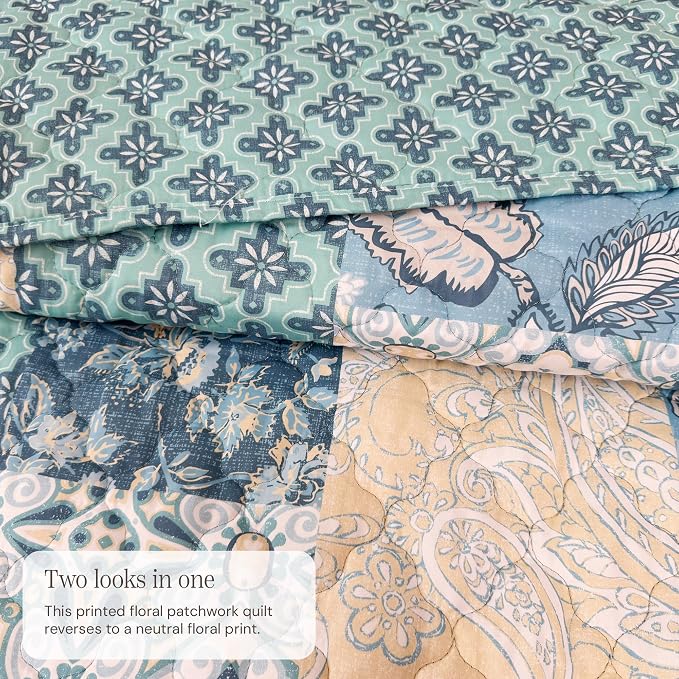 Queen Quilt Set-3 Pieces Soft Bedding Lightweight Floral Patchwork Coverlet | All Seasons Quilts Queen Size for Bed, 1 Quilt (90" x 94") and 2 Shams (20" x 26"), Vintage Bedspread, Blue Tile