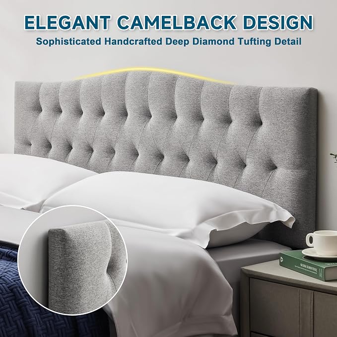 Tufted Upholstered Full Size Headboard Only, Adjustable 38-50 in, Gray | Full Headboard for Full Size Bed, Durable Linen Fabric Headboards, Modern Diamon Design Wood Head Board