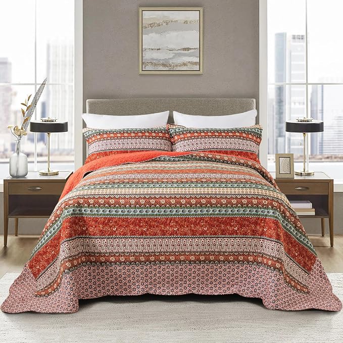 Cotton Bedspread Quilt Sets - Reversible Patchwork Coverlet Set, Red Striped Jacquard Pattern, California King Size
