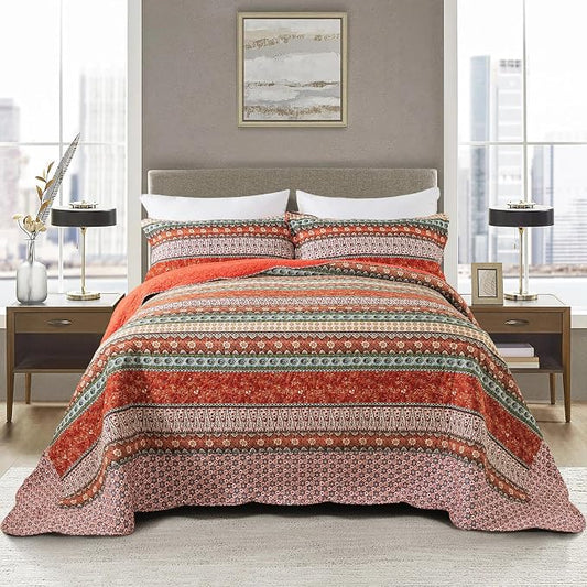 Cotton Bedspread Quilt Sets - Reversible Patchwork Coverlet Set, Red Striped Jacquard Pattern, California King Size