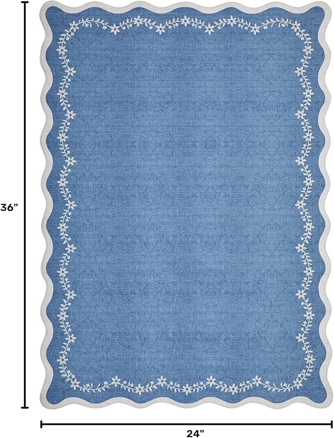 GarveeHome Scalloped Entryway Rug 2x3 Blue Washable Front Door Entry Rug | Indoor Entrance Floral Carpet Non-Slip Low Pile Throw Rugs for Kitchen Floor, Powder Room, Entry, Bathroom, Kids Room