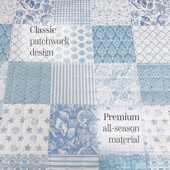 King Quilt Set-3 Pieces Soft Bedding Lightweight Floral Patchwork Coverlet | All Seasons Quilts Queen Size for Bed, 1 Quilt (106" x 94") and 2 Shams (20" x 36"), Vintage Bedspread, Sea Blue