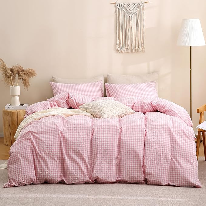 TOCOMOA Pink Gingham Duvet Cover Bedding Set Washed Cotton Like Linen Queen | 100% Washed Cotton Linen-Like Feel Soft, Breathable & Comfy. Lightweight Bedding Set with Zipper & 8 Ties. 3 Pcs, No Insert