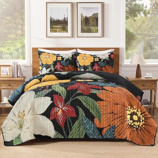 Quilt Queen Size, Black Floral Boho Summer Bedspread 3 Pieces | Navy Flower Botanical Summer Bedspreads with 2 Shams, Reversible Polyester Coverlet Set for All Seasons, 96"x90"