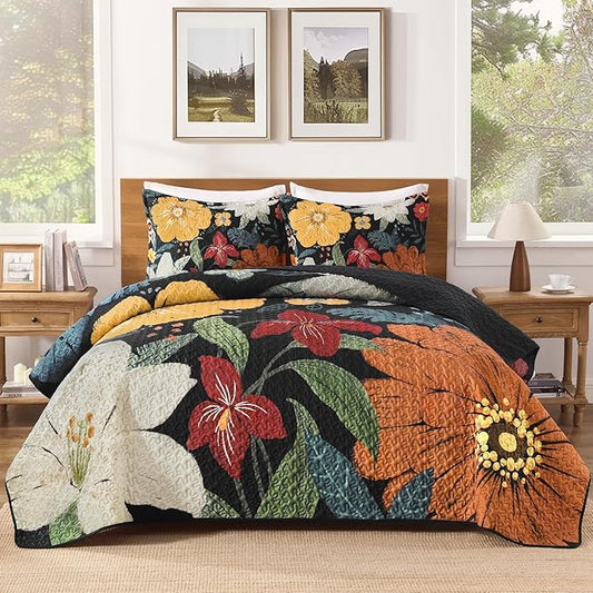 Quilt King Size, Black Floral Boho Summer Bedspread 3 Pieces | Navy Flower Botanical Summer Bedspreads with 2 Shams, Reversible Polyester Coverlet Set for All Seasons, 106"x96"
