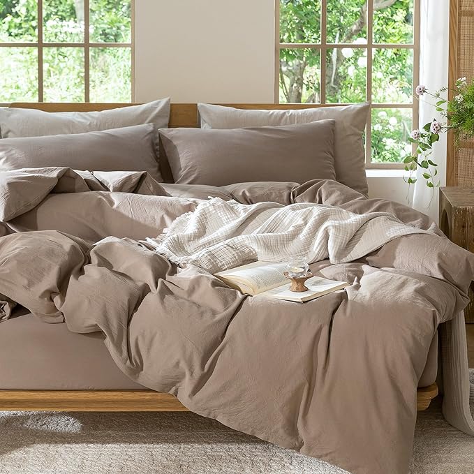 MooMee Duvet Cover Set 100% Washed Cotton Linen Like Super Queen | Relaxed Linen-like Texture. Soft, Breathable & Long-lasting Comfort. Lightweight. Hidden Zipper with 8 Interior Corner Ties