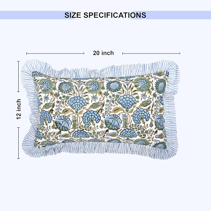 Ridhi Block Print Asparagus Green Ruffle Lumbar Pillow Shams, 20" x 12" | 100% cotton, Floral Pillowcase, Cushion Cover, Hidden Zipper, Cottagecore Bedding, farmhouse boho style, fits couch, sofa,Bed