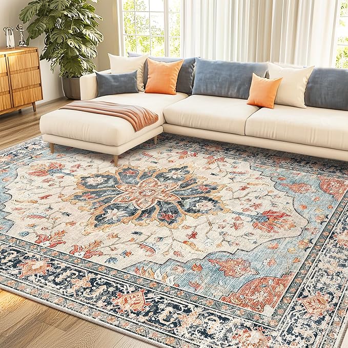RELEANY Washable Area Rug, 8'x10', Beige/Blue/Orange | Non-Slip, Water Repellent, Pet Friendly, Easy to Clean, Vintage Floral Boho Decor for Living Room Bedroom Dining Room