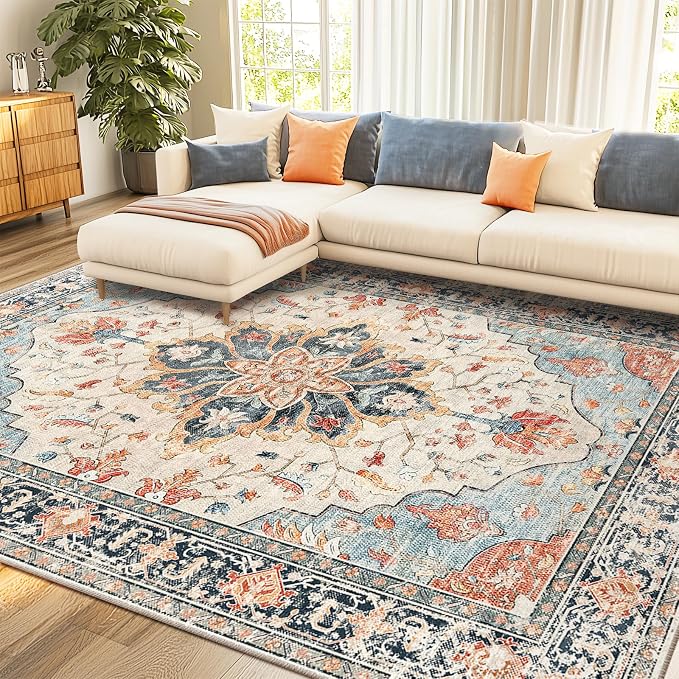 RELEANY Washable Area Rug, 7'x10', Beige/Blue/Orange | Non-Slip, Water Repellent, Pet Friendly, Easy to Clean, Vintage Floral Boho Decor for Living Room Bedroom Dining Room Office