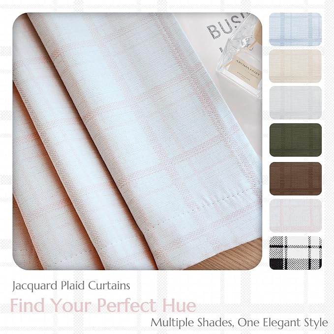 Beauoop Pink Plaid Jacquard Blackout Curtains for Bedroom 52x63 2 Panels | Gingham Checkered Room Darkening Drapes for Living Room 63 Inch Long Thermal Insulated Soundproof Window treatment Grommet