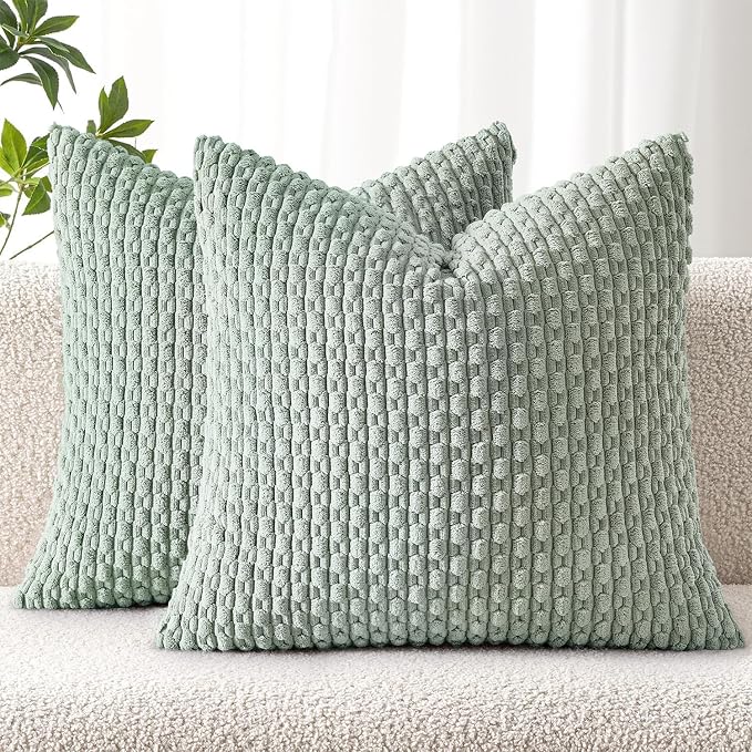 MIULEE Decorative Throw Pillow Covers 18x18 Greyish Green Textured Corduroy | Pack of 2 Striped Pillow Covers Modern Farmhouse Home Decor for Couch Bed Sofa Living Room
