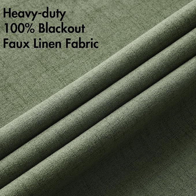 MIULEE 100% Blackout Linen Curtains for Bedroom 42x90 Inches Olive Green | Room Darkening, Light Blocking, Thermal Insulated, Grommet Top, Linen Textured, Window Curtains for Living Room, 2 Panels