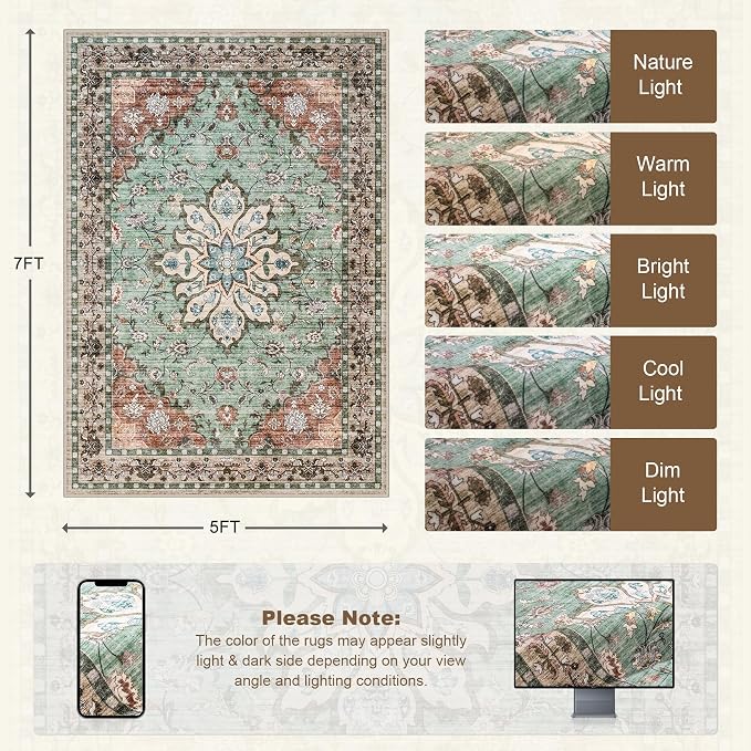 5x7 Area Rugs Living Room: Washable Rug for Bedroom Brown Green | Boho No Slip Stain Resistant Rug Soft Indoor Decor Floor Floral 5x7 Area Rugs for Dining Room, Nursery, Hallway, Home Office