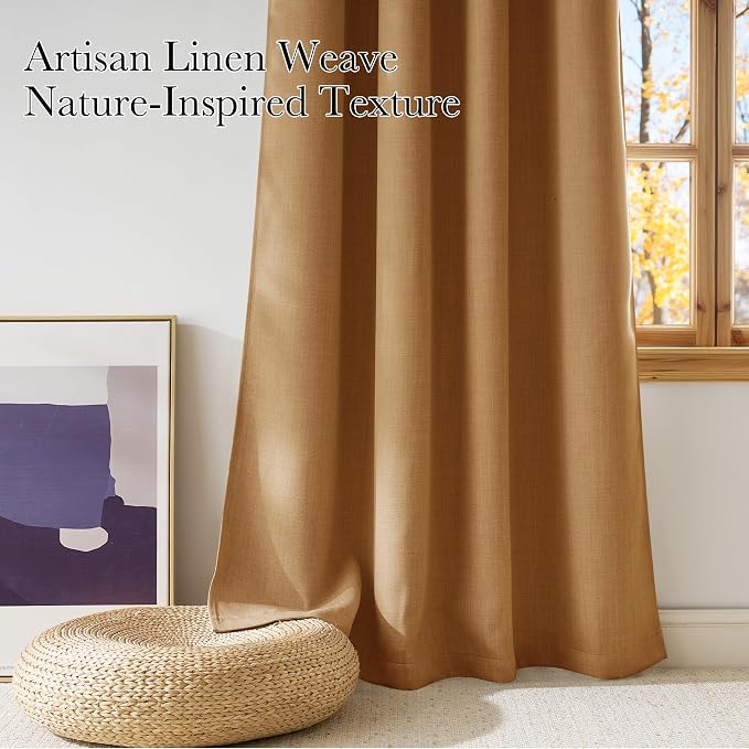 NICETOWN Gold Brown Faux Linen Room Darkening Rod Pocket Curtains 63 inch Length, W42 x L63, Light Blocking Thermal Insulated Noise Reducing Drapes for Bedroom Living Room Farmhouse Decor, 2 Panels