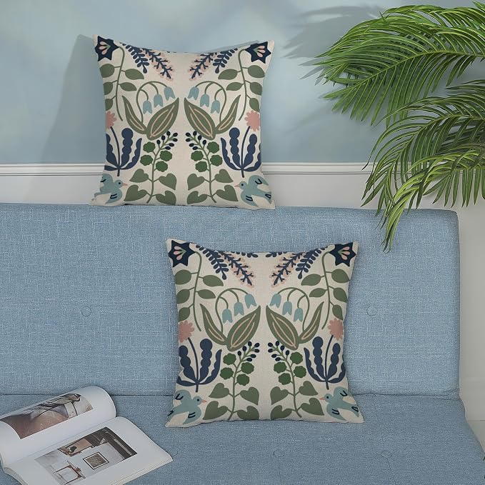 Navy Blue Boho Pillow Covers 20x20 Inch 2 Pcs Sage Green Floral Decor Throw Pillows Vintage Flower Seasonal Spring Summer Outdoor Decoration Pillowcase Linen Cushion Cover for Couch Sofa