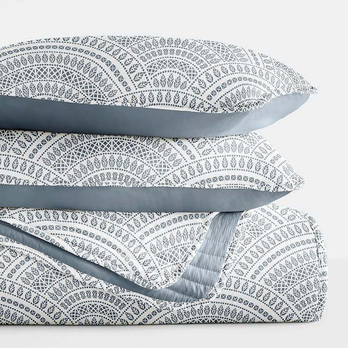 Merit Linens Soft Quilt Coverlet Bedding Set - Pattern/Solid Reversible - Full/Queen Dusk Blue