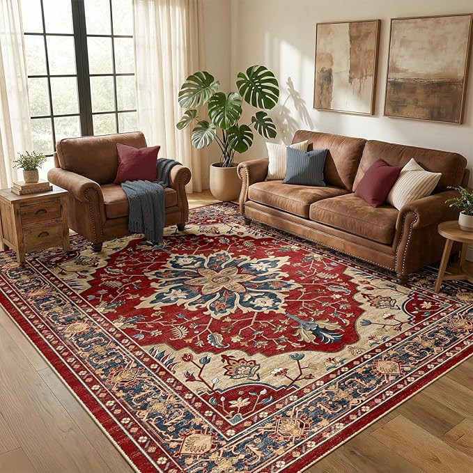 RELEANY Washable Area Rug, 5'x7', Red/Blue | Non-Slip, Water Repellent, Pet Friendly, Easy to Clean, Vintage Floral Boho Decor for Living Room Bedroom Dining Room Office
