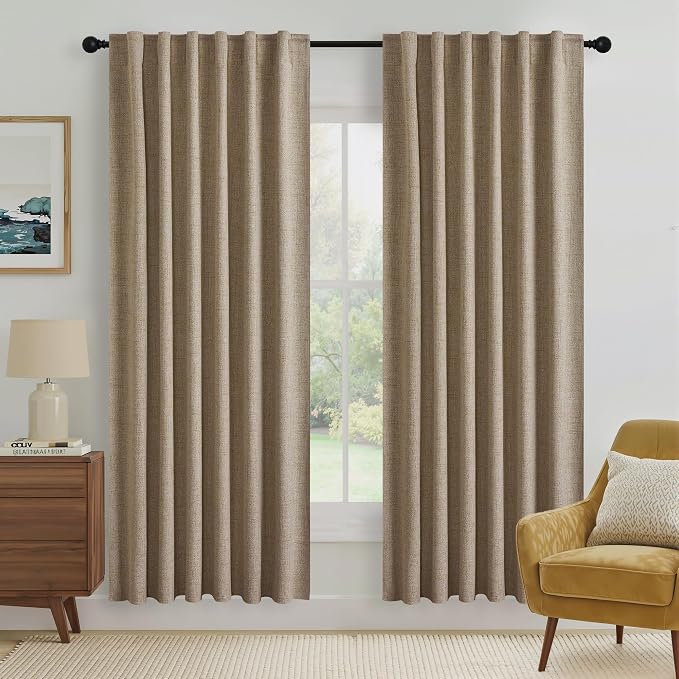 RYB HOME Burlap 100% Blackout Linen Curtains 72 Inch Long for Bedroom | Rod Pocket Back Tab, Thermal Insulated Privacy Assured, for Bedroom Office Nursery Living Room Dormitory, W52 x L72, 2 Panels
