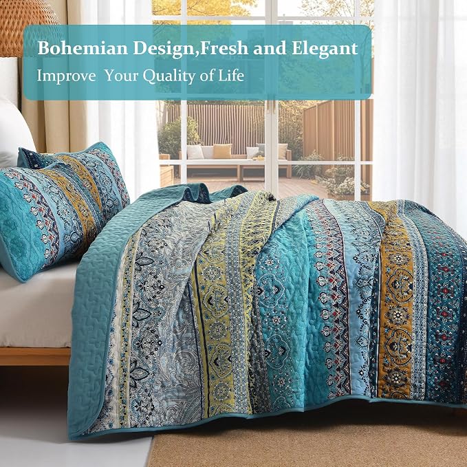 WONGS BEDDING Bohemian Queen Size,3 Pieces Soft Blue Bedspread Set | Boho Striped Printed Quilts Bedspread Set for All Seasons, Lightweight Microfiber Coverlet Set with Shams(96"x90")