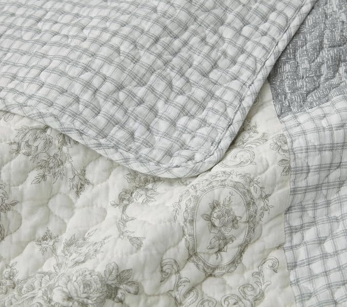 Chezmoi Collection Cooper 3-Piece Muted Gray White Ivory Floral Plaid Patchwork Quilt Set - Pre-Washed Cotton Quilted Lightweight Reversible Bedspread for All Seasons, Queen Size