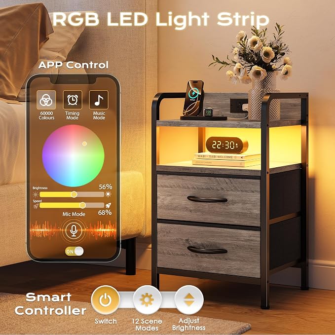 Huuger Nightstands Set of 2, Night Stand with LED Lights, Charging Station | USB-C Ports, 2 Drawers Bedside Table, Open Shelf, 2-Way Power Panel Install, End Table for Bedroom, Oak