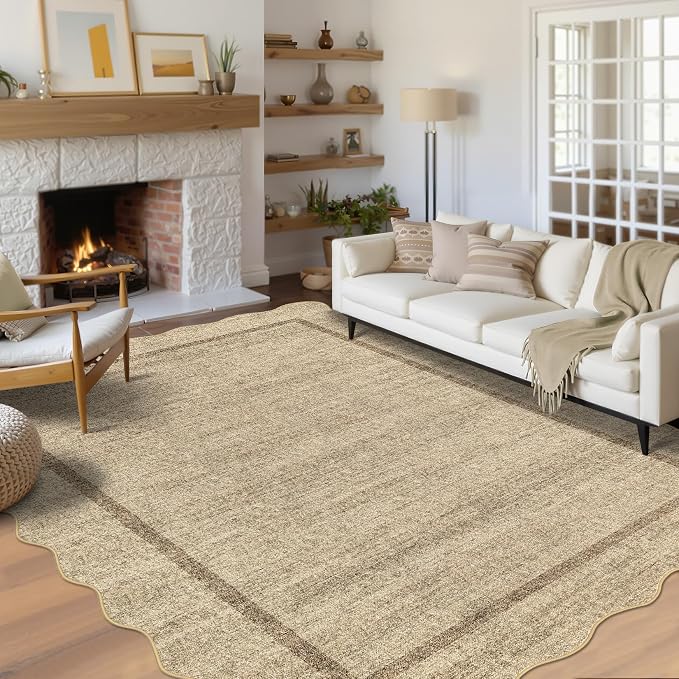 GarveeHome Scalloped Washable Rugs 8x10 Area Rugs for Living Room Non Slip | Throw Rugs Large Rug for Bedroom Low Pile Non Shedding Stain Resistant Carpet for Dining Room 8 ft x10 ft Jute