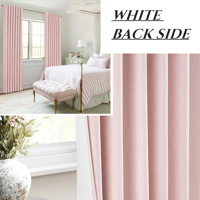 Extra Long Light Pink Blackout Drapes 108 Inches Long 2 Panels for Sliding Glass Door, Lush Decor Linen Blend Pleated Curtains Thermal Privacy Floor to Ceiling 50"W x 108"L Large Window Curtain 2 Burg