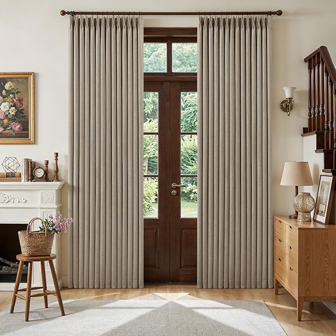 TWODRAPES Deep Flax Linen Pinch Pleated Blackout Curtains 84 Inches Long | 100% Black Out, Pinch Pleat Drapes with Liner, Back Tab, Farmhouse Neutral 84 Inch Curtain, for Living Dining Room Bedroom