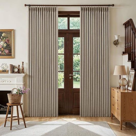 TWODRAPES Deep Flax Linen Pinch Pleated Blackout Curtains 84 Inches Long | 100% Black Out, Pinch Pleat Drapes with Liner, Back Tab, Farmhouse Neutral 84 Inch Curtain, for Living Dining Room Bedroom