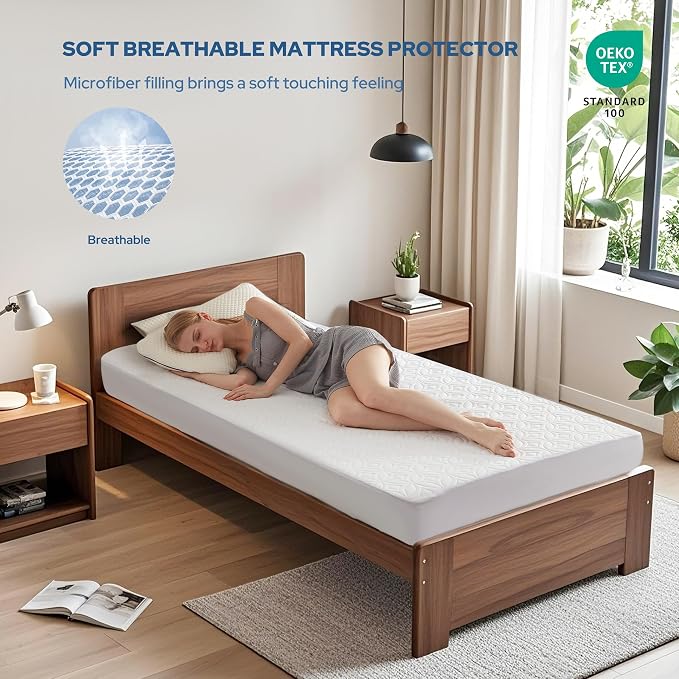 BEDLORE Waterproof Mattress Protector, Twin Size Mattress Pad | Deep Pockets Fit 6"-15" Mattresses, Soft Breathable Dirt-proof Single Bed Mattress Cover for Bedroom, Dorm Room (White)