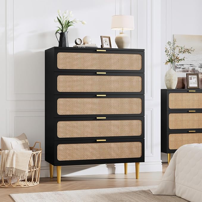 GarveeHome Rattan 5 Drawer Dressers for Bedroom, Deep Drawer, Black | Tall Dresser, Wide Top, for Living Room, Hallway, Kids Room, Large Chest of Drawers for Closet, Long Wooden Dresser