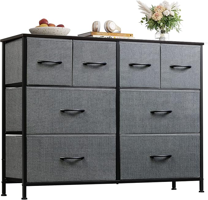 WLIVE Wide Dresser for Bedroom, 8 Drawer Chest of Drawers, Dark Grey | 8 roomy fabric drawers, Wide storage design, Bedroom or closet use, Sturdy steel frame, Smooth wood tabletop