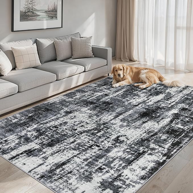 PLHXFR 10x14 Area Rug Living Room: Modern Abstract Washable Carpet Black | For Bedroom Dining Room Farmhouse Nursery Home,Machine washable,Non Slip,Large Soft Neutral,Stain Resistant, Indoor Floor