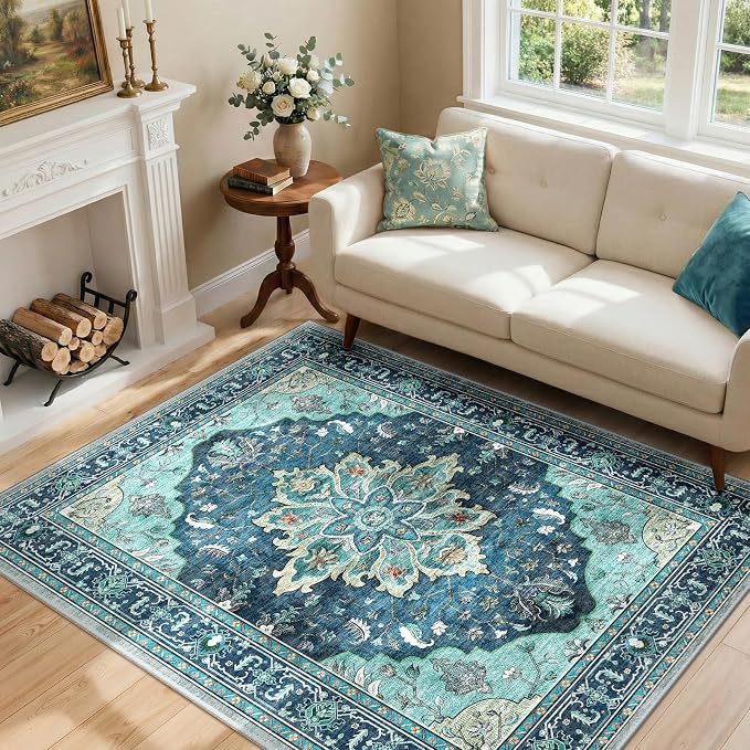 RELEANY Washable Area Rug, 4'x6', Teal | Non-Slip, Water Repellent, Pet Friendly, Easy to Clean, Vintage Floral Boho Decor for Living Room Bedroom Kitchen Office