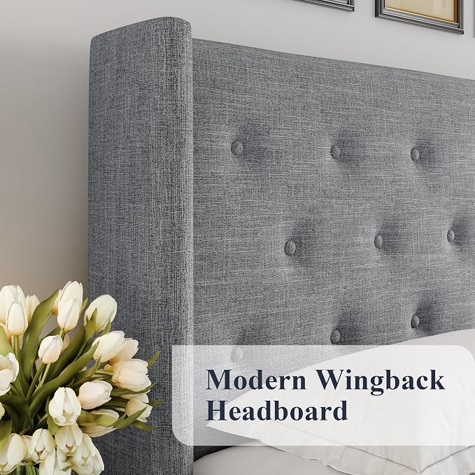 Allewie Full Size Lift Up Storage Button-Tufted Bed Frame Light Grey | Modern Wingback Headboard, Hydraulic Support Storage, No Box Spring Needed