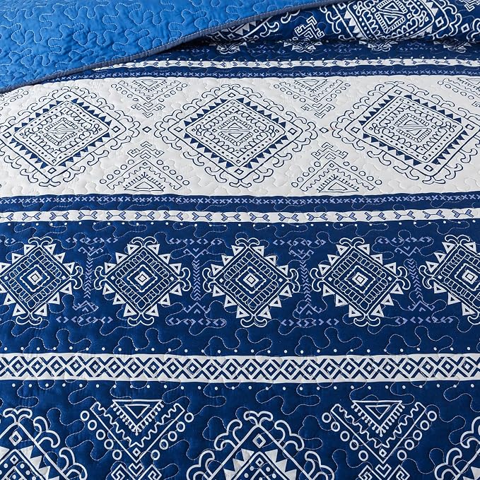 Quilt Set King Size, Bedspread Sets Blue Tribal Geometric, Reversible Quilt Bedding Set Lightweight and Breathable for All Seasons, Soft Quilted Bedspread with 2 Pillow Shams