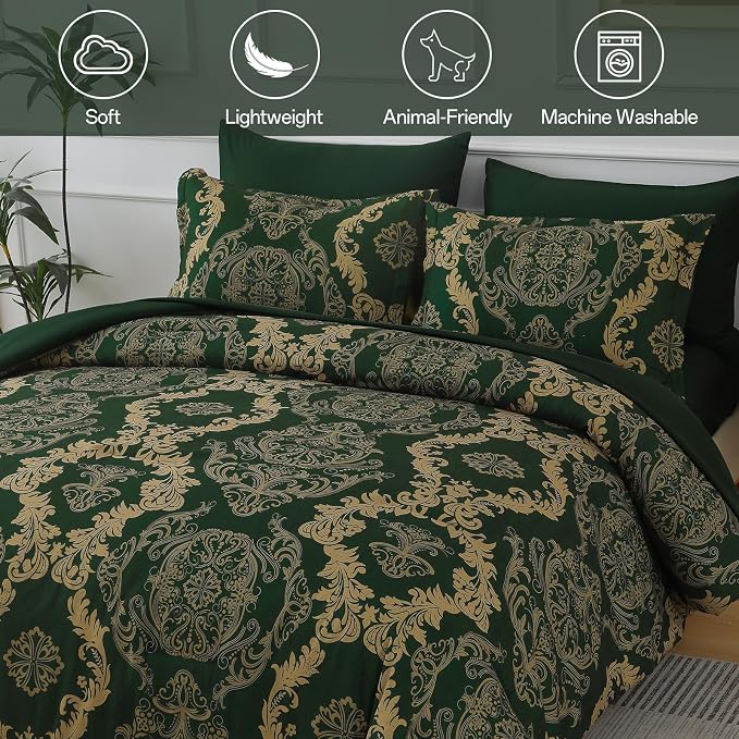 WONGS BEDDING Green Damask King Size Comforter Set, 7 Piece Texture Microfiber Comforter Bedding Set for All Season, Bed in a Bag with Comforter, Flat Sheet, Fitted Sheet, Pillowcases & Shams
