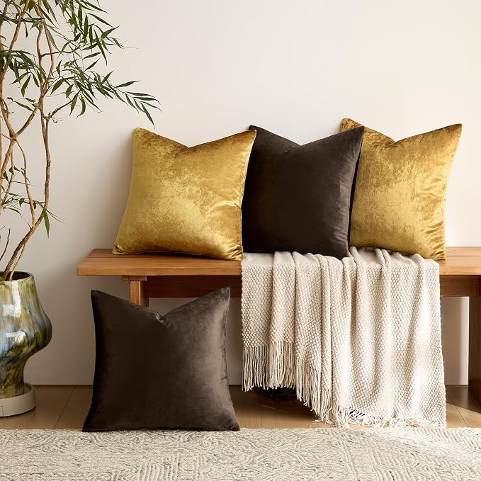 GIGIZAZA Pack of 4 Decorative Velvet Pillow Covers 18x18 Brown Gold | Throw Pillows for Couch Sofa,280gsm Soft Textured Fabric,Modern Accent Pillowcases,Luxury Living Room Cushion Covers