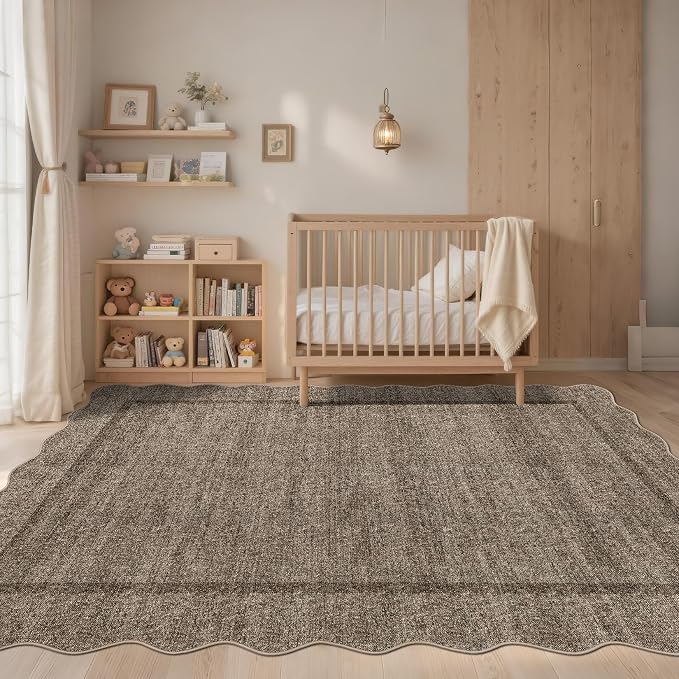 GarveeHome Scalloped Living Room Rug 5x7 Washable Non Slip, Taupe | Modern Area Rug for Bedroom Traditional Kids Rug Throw Rugs Soft Low Pile Stain Resistant Carpet for Dining Room 5 ft x7 ft