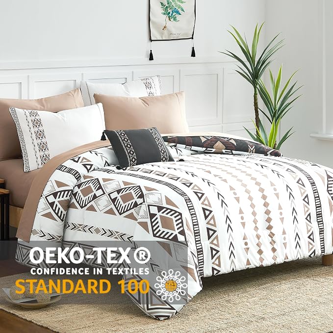 King Size Comforter Set - 7 Pieces Western Bedding Reversible Bed in a Bag | Boho Bedding, All Season Aztec Bed Set with Comforter, Sheets, Pillowcases & Shams, Brown