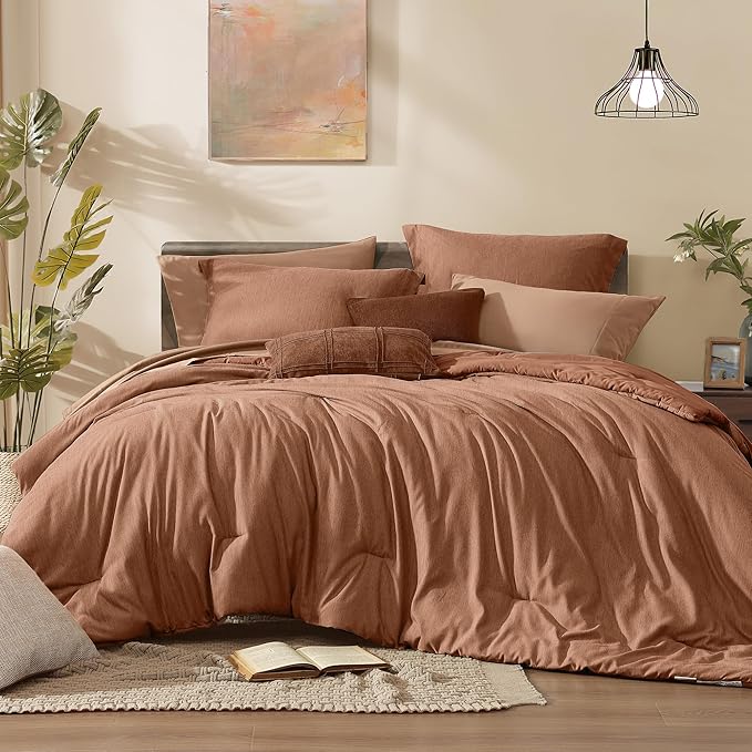 Monbix Oversized Queen Comforter Set 7 Pieces Autumn Leaf Bed in a Bag | Cationic Dyeing Reversible All Season Bedding Sets with Comforter, Sheets, Pillowcases & Shams